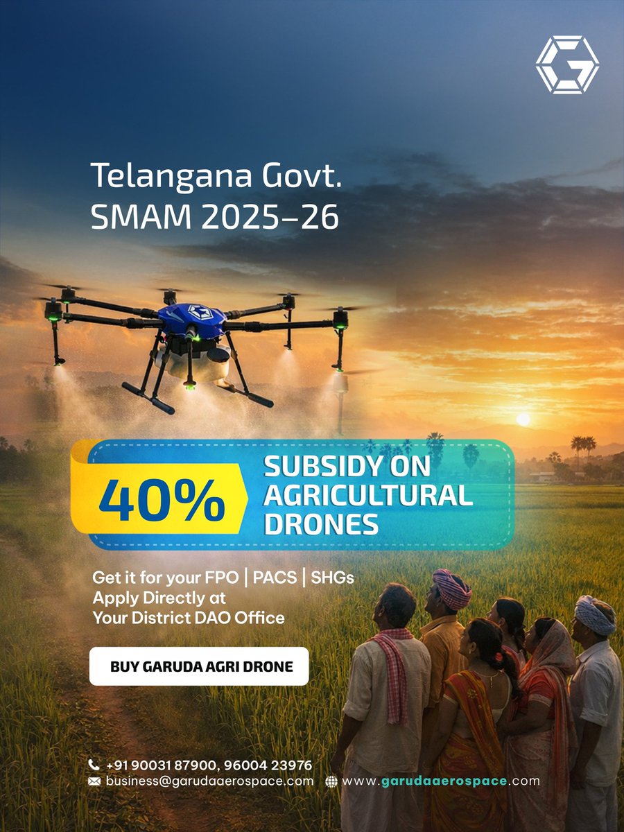 garuda_india's tweet image. Modern farming needs modern tools.

With 40% subsidy under Telangana Govt. SMAM 2025–26, agricultural drones are helping farmers save time, resources, and effort while improving productivity.

#GarudaAerospace #DroneForAgriculture #SMAM2025 #FarmInnovation #PrecisionFarming