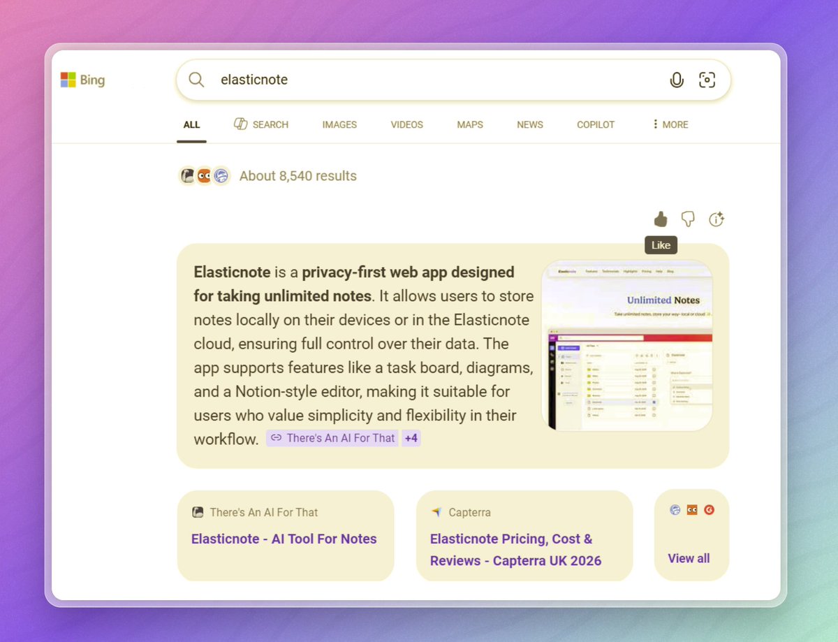ElasticnoteHQ's tweet photo. What Bing #AI says about https://t.co/nBfEv988u7? https://t.co/PrIZecLdZN