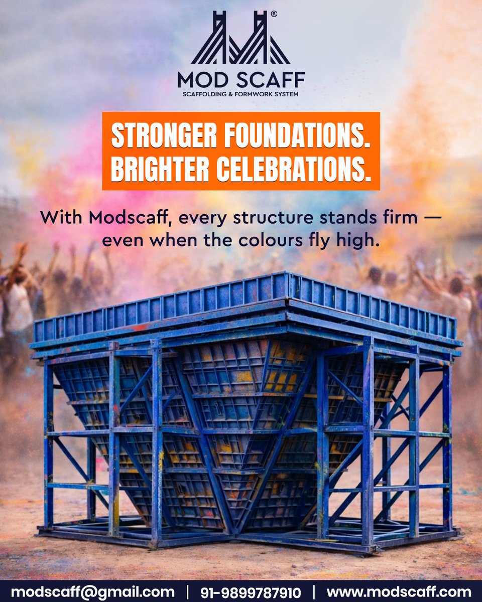 ModscaffIndia's tweet photo. 🏗️✨ Strong foundations. Brighter celebrations. 🌈

This Holi, while the colours rise high in the sky 🎉
our structures stand even higher in strength. 💪

Connect with us👇🏻
📱: 989 978 7910
🌐: https://t.co/vIVZWh7mx1 

#Modscaff #Holi2026 #StrongerFoundations #ConstructionLife https://t.co/3Q3Osm0bQW