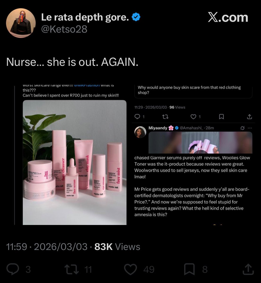 Insinuating mental issues because you're too dumb to defend your classist double standards? Peak stupidity.
Intelligence? 'Error 404: thoughts not found.'
I bought the Mr Price skincare because the REVIEWS ARE VERY GOOD, coming from average black SA girls just like me.
My crash