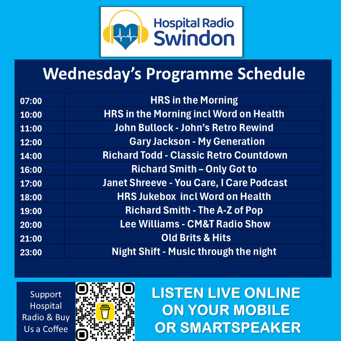 HRSwindon's tweet photo. 🎶 This Wednesday on Hospital Radio Swindon  A full day of great music, friendly chat, and familiar voices to keep you company   Listen live: https://t.co/mXJDM4gUEs
@GWH_NHS https://t.co/8Btl6qQ0zD
