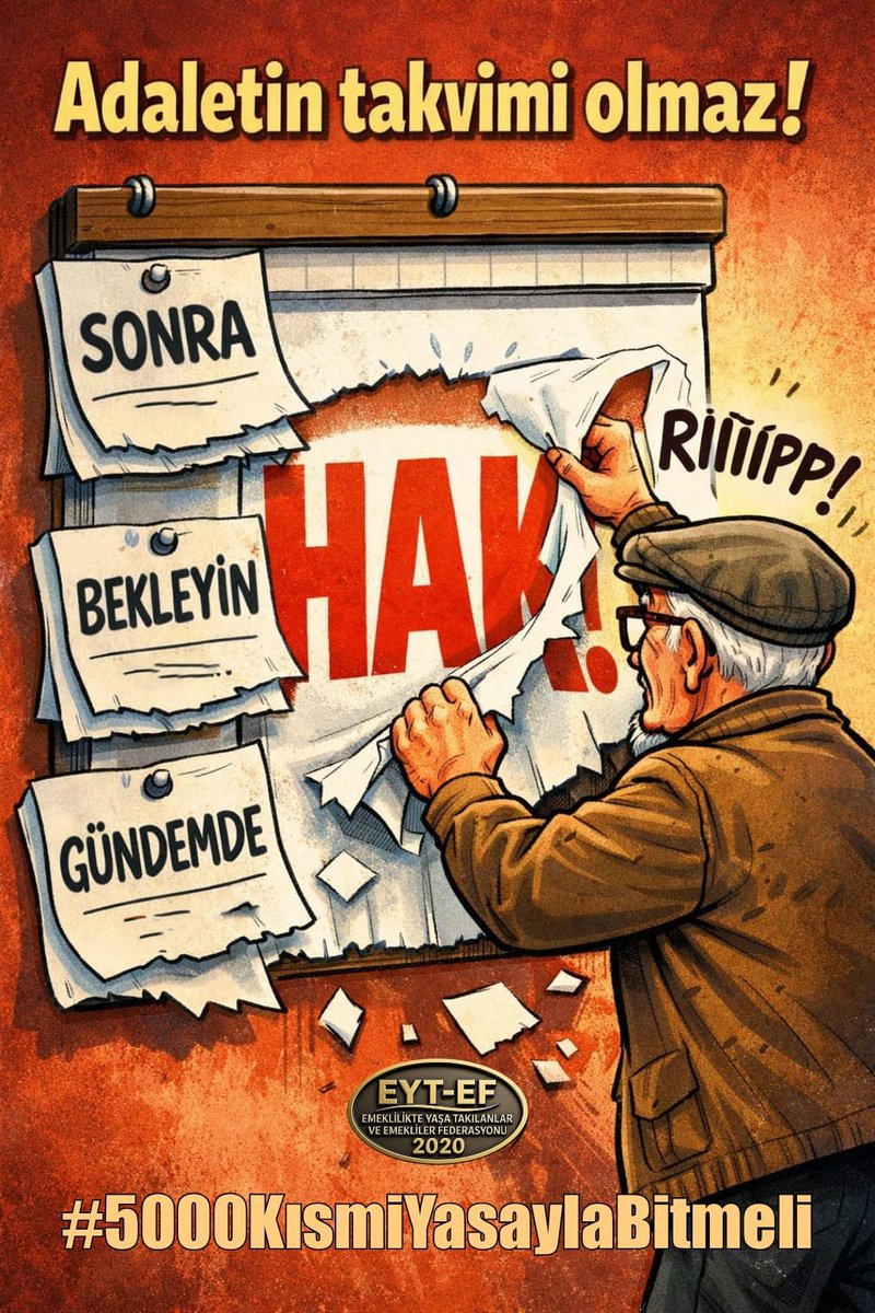 EYT
👇
#5000KısmiYasaylaBitmeli

Bir kesimi kapsayıp,
Diğerini dışlamak;

Sosyal devlet değil siyasi tercihtir.

Adaletin takvimi olmaz!
Hak pazarlık konusu yapılamaz!
Bu mesele kapanmayacak!
Bu başlık düşmeyecek!
O HAK Alınacak!

#4000ikramiyeDeğilSadaka
<a href="/RTErdogan/">Recep Tayyip Erdoğan</a>
<a href="/isikhanvedat/">Prof. Dr. Vedat Işıkhan</a>