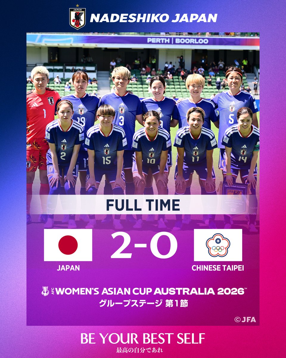 🔹試合終了🔹

🏆AFC女子アジアカップオーストラリア2026
⚔️グループステージ第1節
🇯🇵#なでしこジャパン 2-0 チャイニーズ・タイペイ女子代表

📱DAZN
🔗jfa.jp/nadeshikojapan…

#WAC2026 <a href="/afcasiancup/">#WAC2026</a>　
#サッカー日本代表