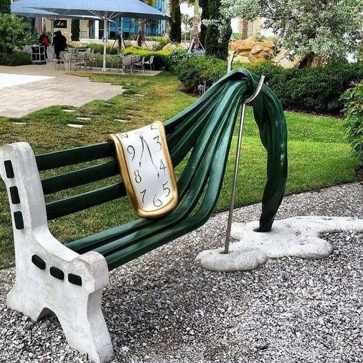 A surrealist bench outside The Dalí Museum echoes the iconic melting clocks from Salvador Dalí’s 1931 painting The Persistence of Memory