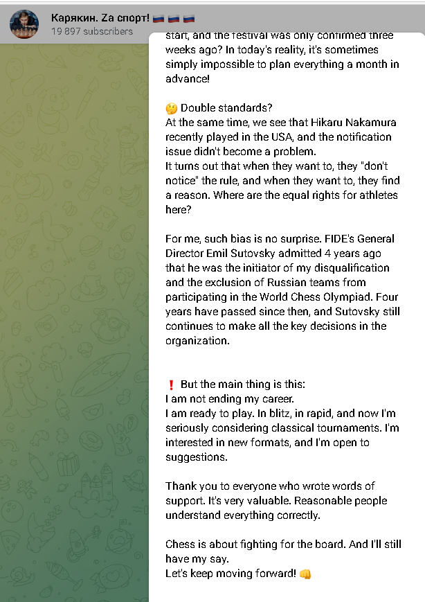 Typical Russian🇷🇺 misinformation theather:

Karjakin🇷🇺 is blaming FIDE  for sanctioning him in 2022 on Telegram.

Any other sport federation would have given him a lifetime ban long ago. 
His violations are extreme, ongoing and numerous.
 
<a href="/FIDE_chess/">International Chess Federation</a> protects <a href="/SergeyKaryakin/">Sergey Karjakin 🇷🇺🇷🇺🇷🇺</a> 🇷🇺