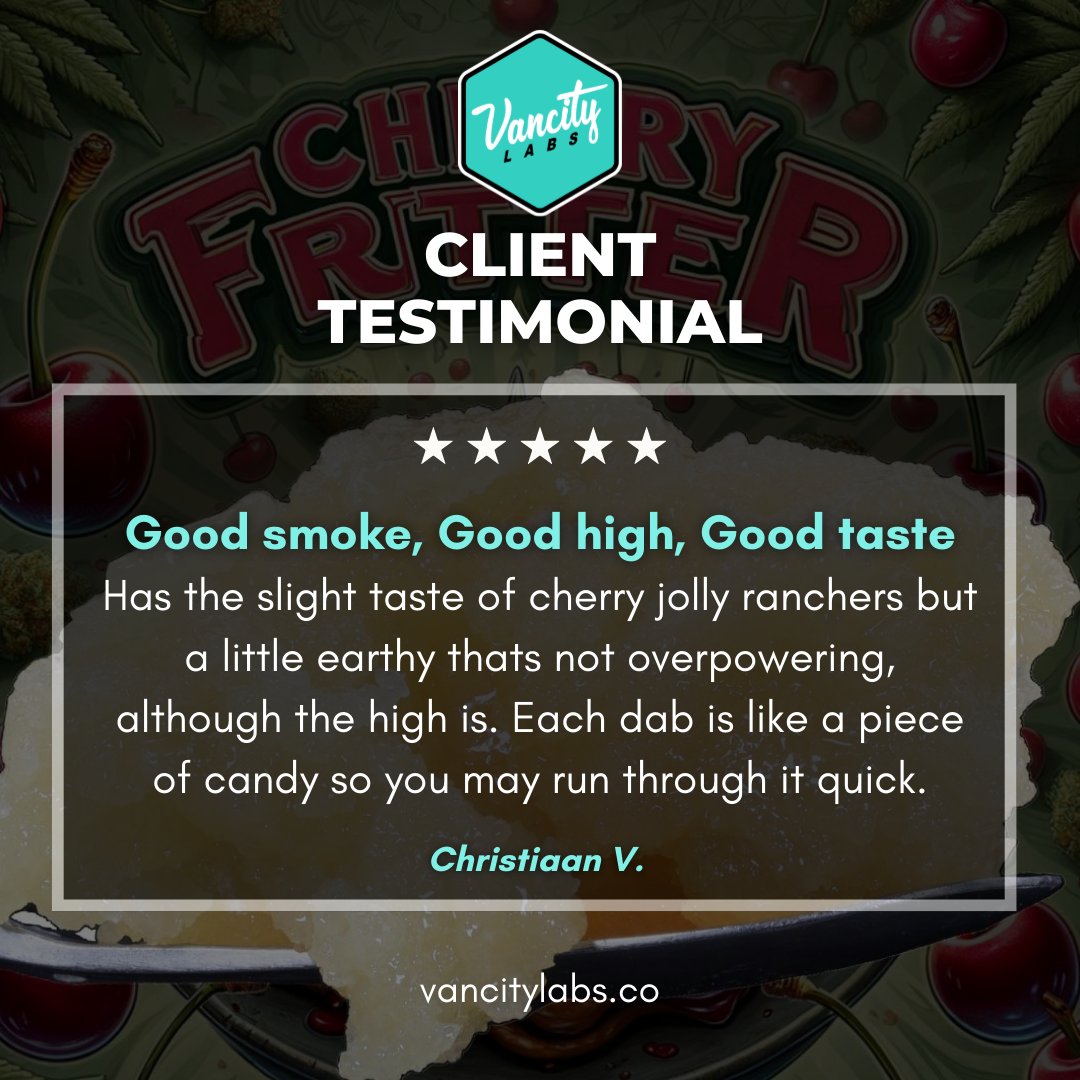 vancitylabsco's tweet image. CLIENT TESTIMONIAL ⭐

“Good smoke, good high, good taste.” 🔥
Slight cherry jolly rancher flavor with a smooth earthy finish 🍒🌿 Powerful high and candy-like dabs that keep you coming back for more.

– Christiaan V.

🌐 vancitylabs.co/product/cherry…

#ClientReview #Testimonial