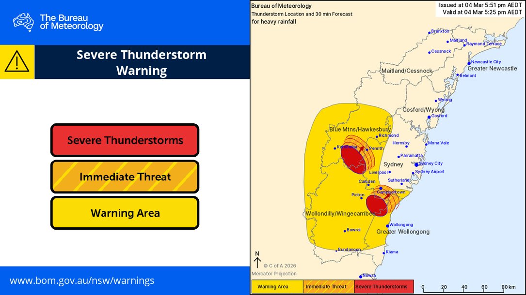 BOM_NSW's tweet image. Issued 5:51pm
Severe thunderstorms with heavy rainfall near #Penrith and #Campbelltown.
They are forecast to affect #Springwood, #Blaxland and Wedderburn by 5:40 pm and Campbelltown, Penrith and #Helensburgh by 5:55 pm.
More: bom.gov.au