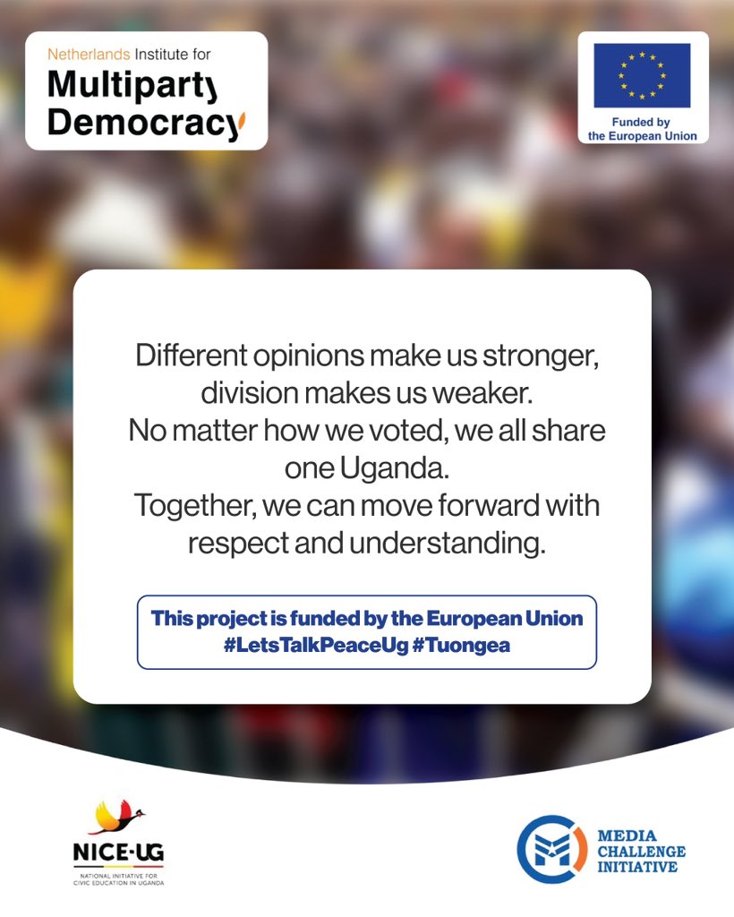 nbstv's tweet photo. Different opinions make us stronger, division makes us weaker.
No matter how we voted, we all share one Uganda.
Together, we can move forward with respect and understanding.

#LetsTalkPeaceUg #Tuongea https://t.co/NBjfYfQNh2