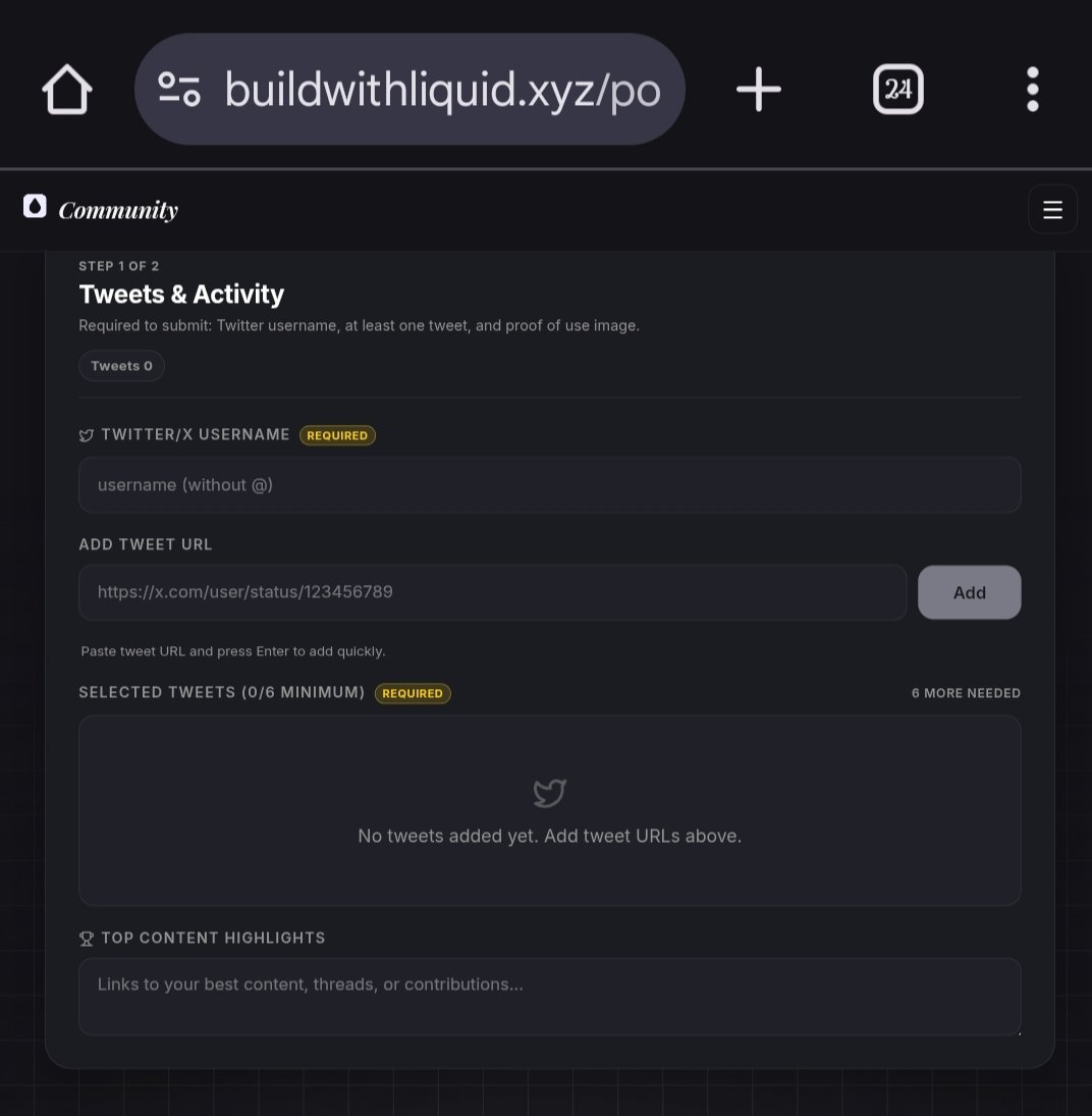 blinknull's tweet photo. all contributions are tracked through their portfolio system:

buildwithliquid[.]xyz/portfolio

- log in with discord

- submit your contribution links

requirements include a minimum of 6 tweets and proof of product usage.

for those who actively contribute and document their work properly, this is a structured way to position early within the ecosystem