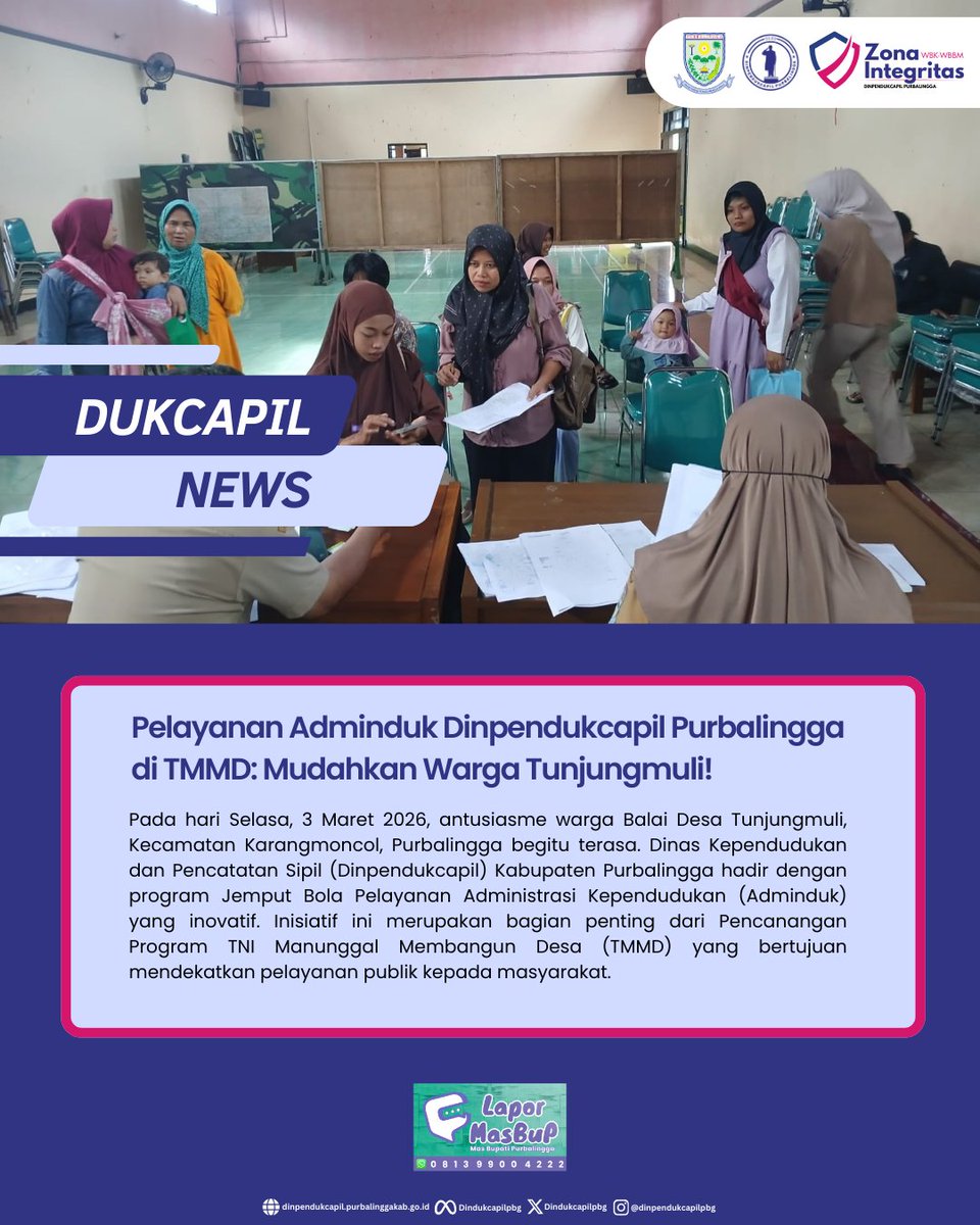 DindukcapilPbg's tweet image. Dinpendukcapil Purbalingga hadir langsung di Balai Desa Tunjungmuli (3 Maret 2026) melalui program Jemput Bola Pelayanan Adminduk TMMD.

Informasi selengkapnya: dinpendukcapil.purbalinggakab.go.id/article/pelaya…

#Dukcapil #DukcapilJateng #DukcapilPurbalingga #PemkabPurbalingga #Purbalingga