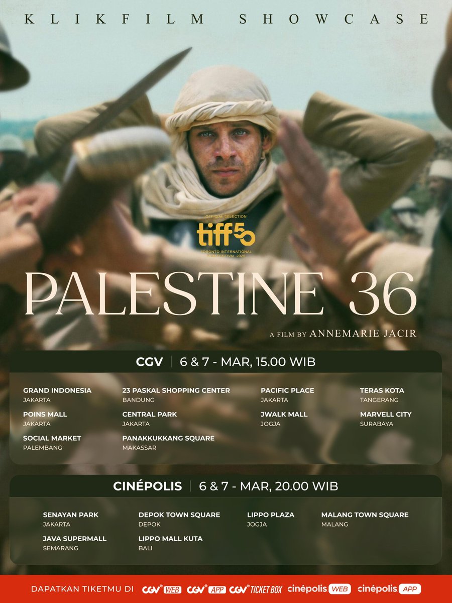 Apa yang terjadi di Palestina tahun 1936
yang menentukan nasib Kerajaan Inggris dan Palestina hingga saat ini?

Palestine 36, perwakilan resmi Palestina di kategori Film Internasional Terbaik Oscar 2026, tayang sebagai KlikFilm Showcase minggu ini.

Amankan tiketnya hari ini!
