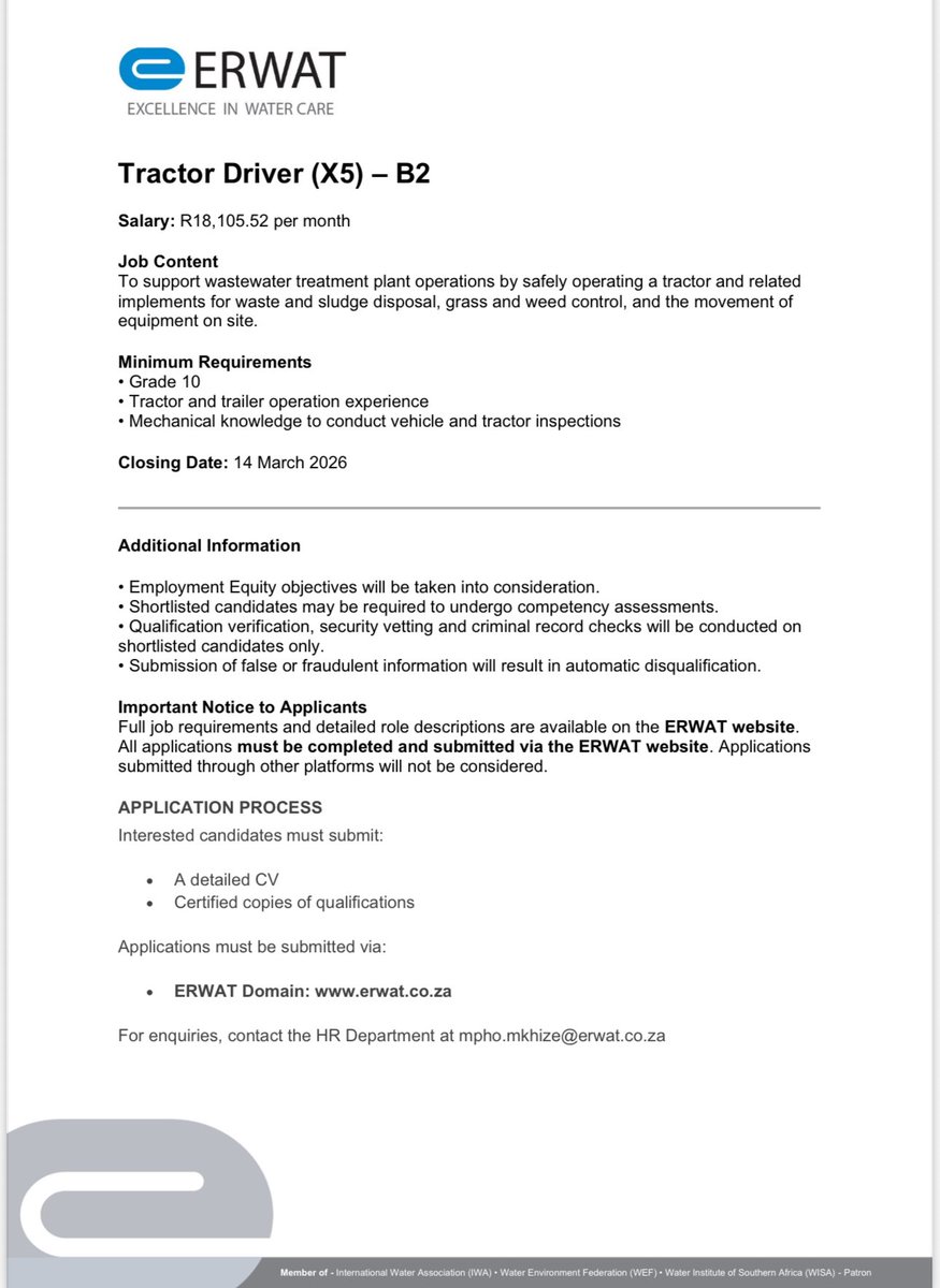 ERWAT_Water's tweet image. 🚜 WE ARE HIRING: Tractor Driver (X5)
Salary: R18,105.52 pm
Closing: 14 March 2026

Support wastewater site operations.

Apply online: erwat.co.za
Employment Equity applies.

@Careers24Jobs @careersportal1 
#NowHiring #ERWAT #JobsSA