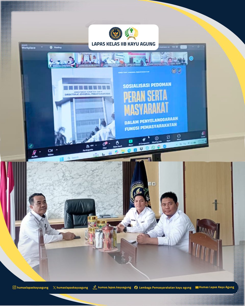 lapaskayuagung's tweet photo. Lapas Kelas IIB Kayu Agung mengikuti Zoom Meeting Sosialisasi Pedoman Peran Serta Masyarakat dalam Penyelenggaraan Fungsi Pemasyarakatan, Rabu (04/03). Kegiatan ini bagian dari upaya memperkuat kolaborasi antara pemasyarakatan dan masyarakat dalam mendukung proses pembinaan. https://t.co/cu2GUCANlY