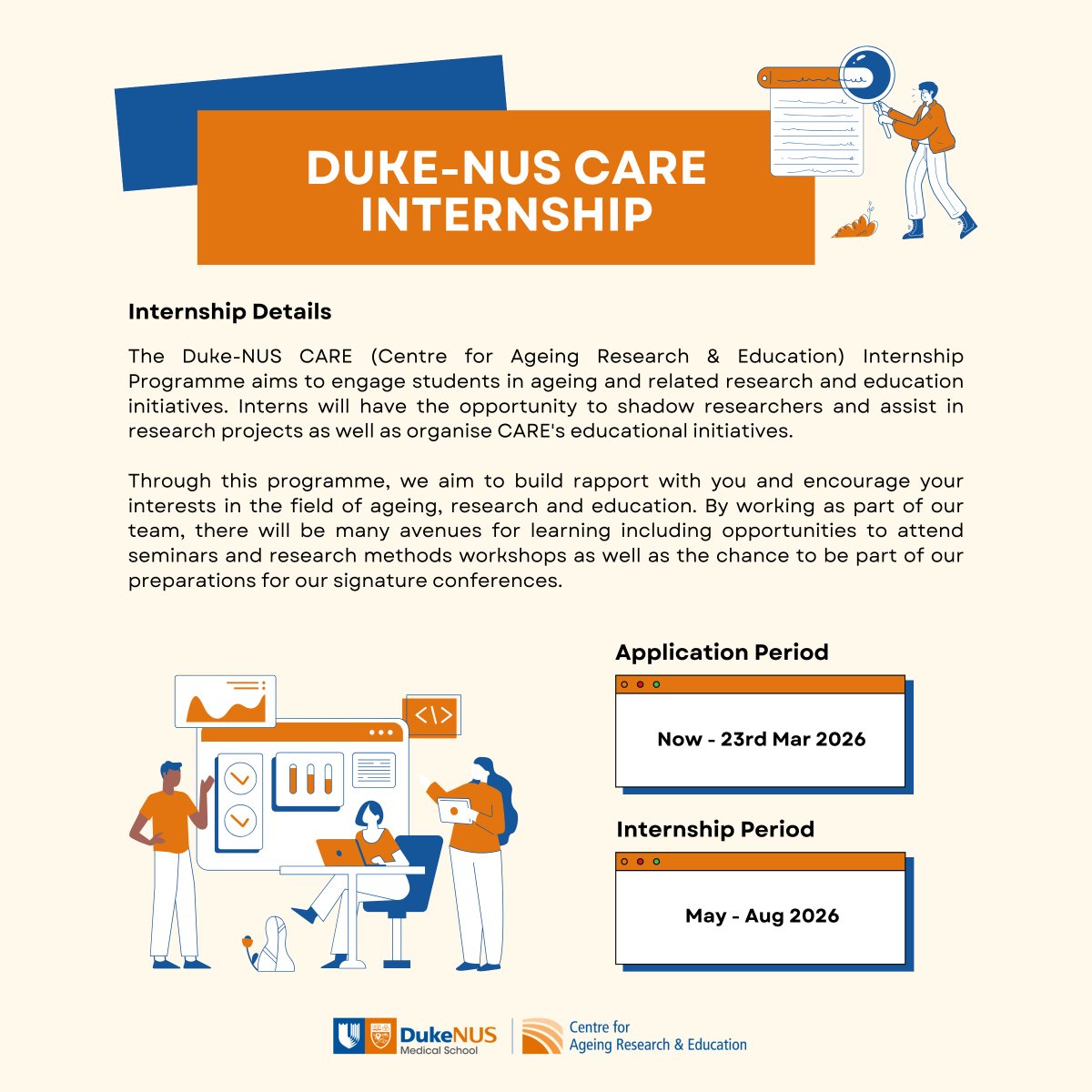 CAREDukeNUS's tweet photo. Internship applications are now open:  
1. THE SIGNS Study - A nationally-representative longitudinal study of older Singaporeans 
2. SAFE-TECH &amp; TARGET -  Early detection of fall risks and prevention 
3. Social Media &amp; Content Creation  

For more info: https://t.co/YEXrvAuFXq https://t.co/g5X4WOMxYb