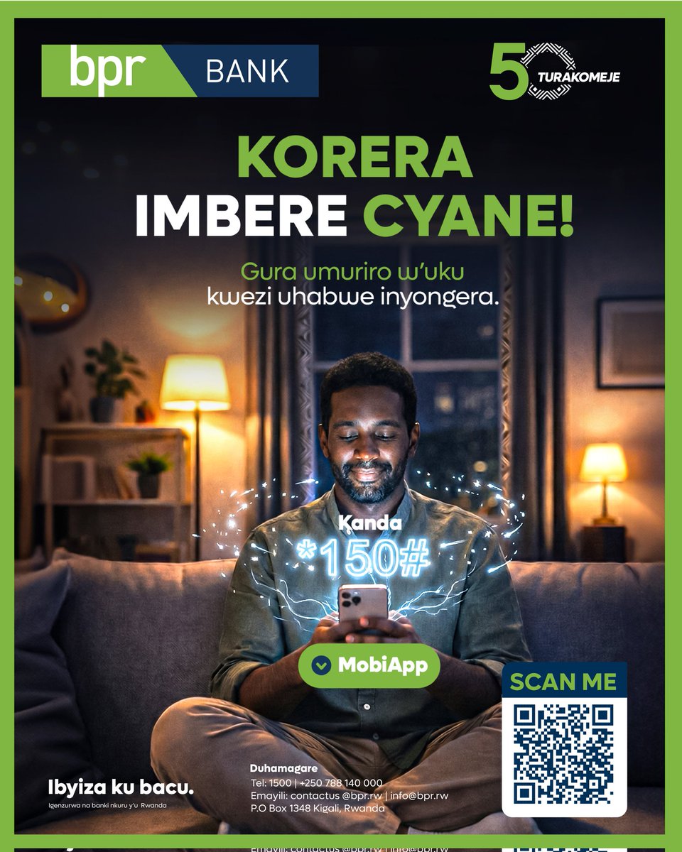 BPRbankrw's tweet photo. Cya gihe cyageze!
Gura umuriro w’uku kwezi byoroshye uhabwe inyongera.
Kanda *150# cyangwa ukoreshe #BPRMobiApp. Yidownloadinge kuri Playstore uyu munsi.
#IbyizaKuBacu
#ImbereCyane https://t.co/oRbrPNDxH3