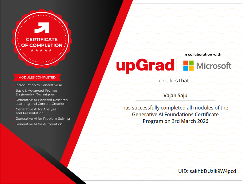 rapidbott's tweet photo. We’re proud to share that @vajansaju , Founder of @rapidbott , has successfully completed the Generative AI Foundations Certificate Program, delivered by @upGrad_edu  in collaboration with @Microsoft .

At Rapidbott, we are continuously exploring new AI technologies to enhance automation and help businesses build smarter conversational experiences. 
Learning and adopting the latest advancements in AI is an important step toward building the next generation of intelligent platforms.

Congratulations, Vajan! 👏