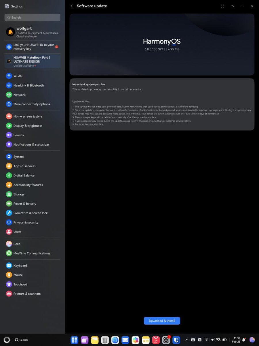 LivingInHarmony's tweet photo. Matebook Fold this week patch SP13 of Build 130 for HarmonyOS 6. API 23 soon, later this month and early next month wave.
#Huawei #MateBookFold #HarmonyOS6 #Build130 #SP13 #Update #PC #API22 https://t.co/x0b4lgrCrV