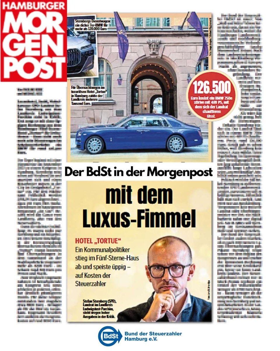 SMummenhoff's tweet photo. „Der Landrat mit dem Luxus-Fimmel“:  
3 Nächte im Hamburger Luxushotel „Tortue“ (ca. 2.600 €) und Sushi-Dinner auf Steuerzahlerkosten. Dazu ein Dienstwagen für rund 126.000 €.
Dienstreisen: ja. Luxus auf Kosten der Steuerzahler: nein.

https://t.co/uStqOgoLsR https://t.co/5ZGNMD96FW