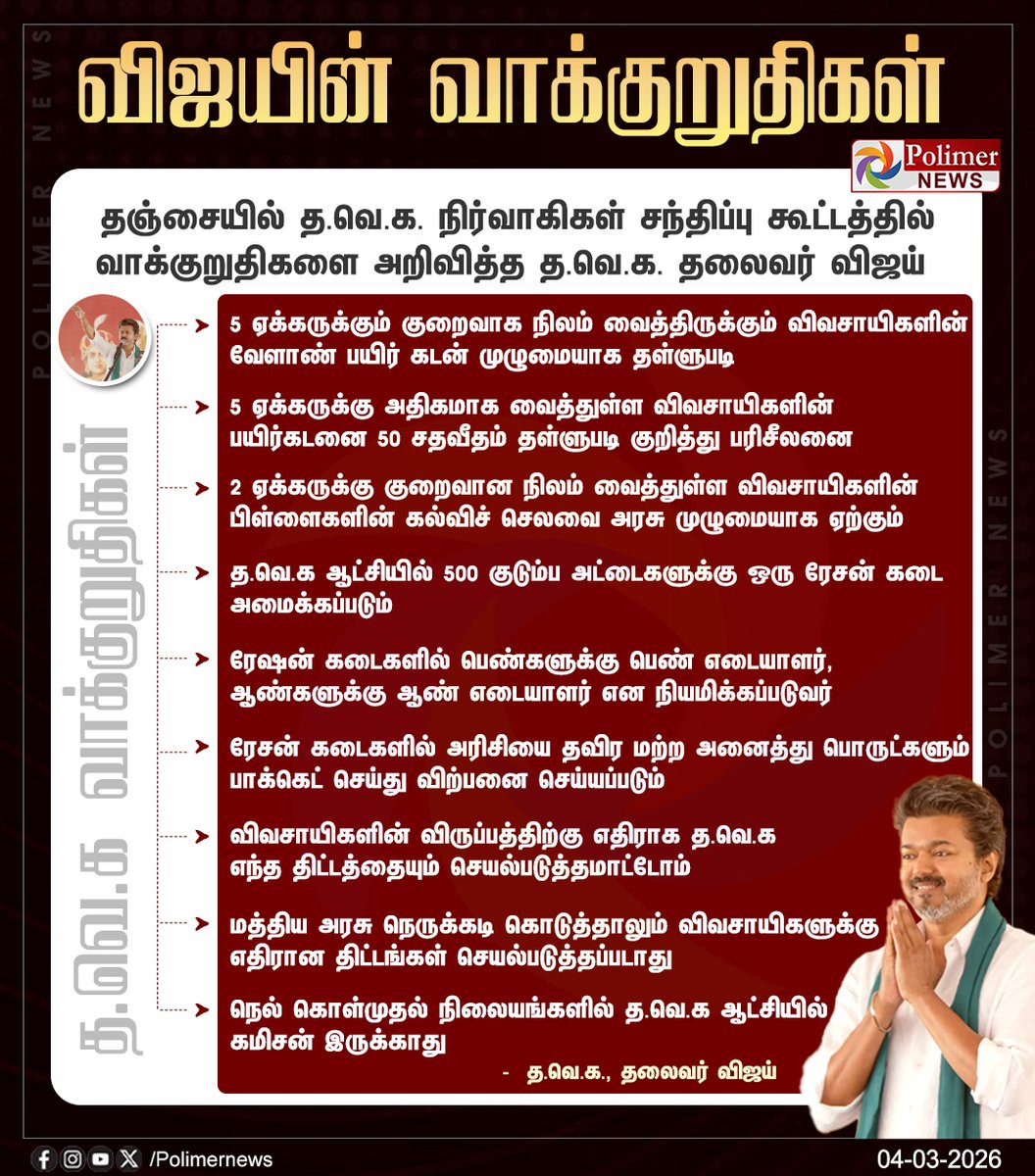 polimernews's tweet photo. #JUSTIN || தஞ்சையில் த.வெ.க., தலைவர் விஜய் வாக்குறுதி | #TVKVijay | #TVK | #TVKMeeting | #தவெக | #தமிழகவெற்றிக்கழகம் | #PolimerNews https://t.co/RpCfFVXsLX