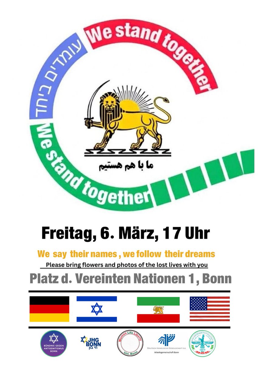 bgabonn's tweet image. #WeStandTogether #SayTheirNames #FollowTheirDreams
In Solidarität mit Menschen in #Iran 
Freitag, 06.03.2026, ab 17 Uhr, 
Platz der Vereinten Nationen 1, #Bonn

 #FreeIran #FCKMHLLHS #JinJiyanAzadi ✌️
#BN0603

@KoeAntifa161 @AntifascistaBRS @161debunk @Baghi161 @klarekante_cgn