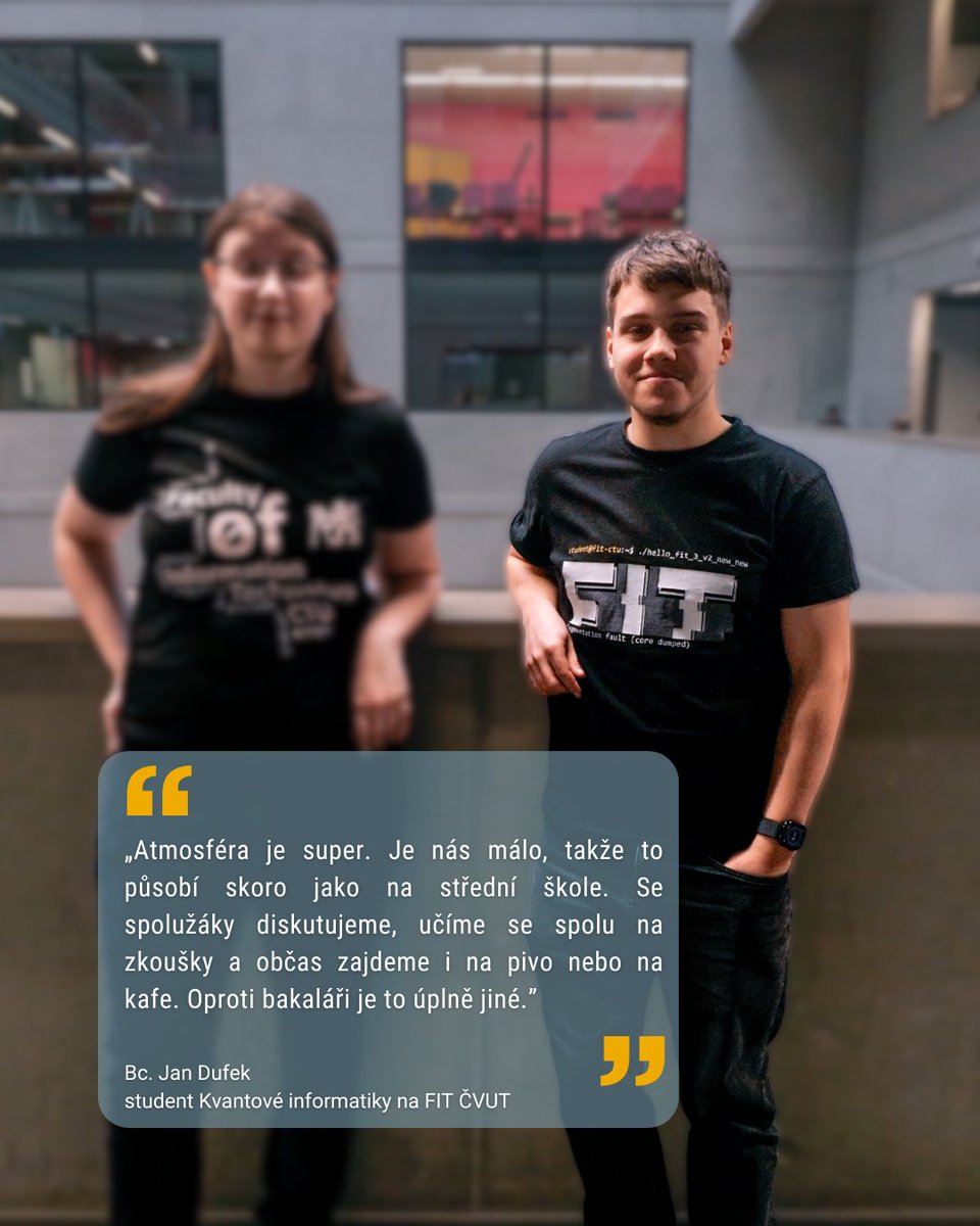 FIT_CTU's tweet image. 👀 Očima studentů: Jak se studuje nový magisterský program Kvantová informatika na #FITČVUT?

První běh, první semestr, první zkušenosti. 💡 Přečtěte si rozhovor se studenty 👉 fit.cvut.cz/cs/zivot-na-fi…

📅 Přihlášky do programu jsou otevřené do 12. 4. 2026