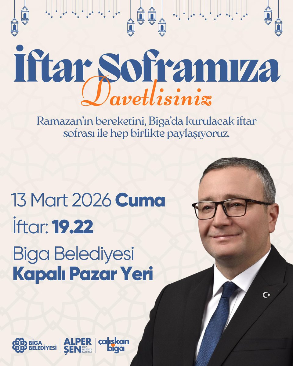 Bu sofra Biga’nın sofrası

Ramazan’ın bereketini, paylaşmanın huzurunu ve birlik olmanın güzelliğini Biga’da hep birlikte yaşayalım.

📅 13 Mart 2026 Cuma
🕰 İftar: 19.22
📍 Biga Belediyesi Kapalı Pazar Yeri

Tüm hemşehrilerimizi iftar soframıza bekliyoruz.

#ÇalışkanBiga