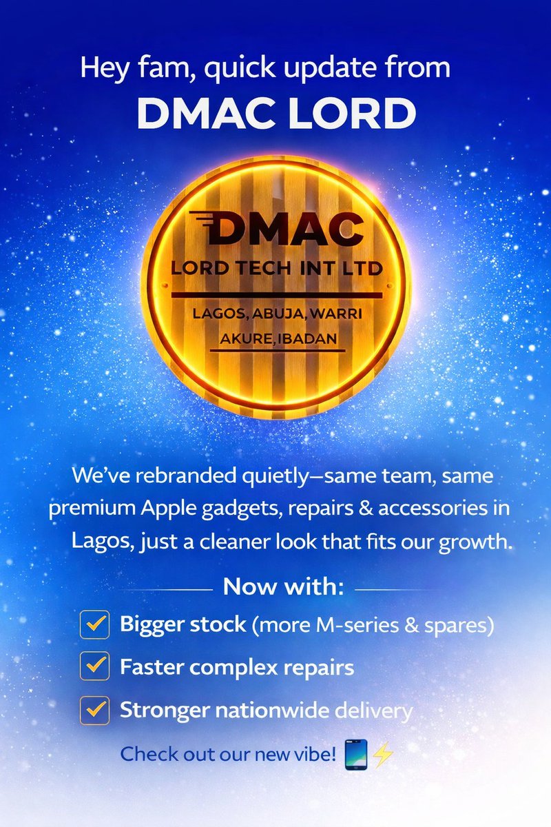 D_mac_lord's tweet image. Thanks for the steady support over the years. More pics of the new vibe coming soon. Reach me on the usual WhatsApp if you need anything. 
Same Lagos, Abuja, Akure, Warri, Ibadan crew, same Apple premium sales/repairs/accessories now with expanded stock, faster repairs
#TechDeal