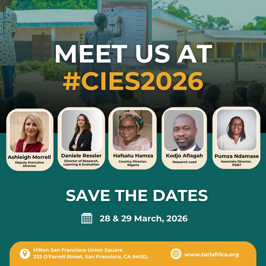 TaRL_Africa's tweet photo. Heading to #CIES2026
We will join global education leaders at the annual conference of the CIES to contribute to conversations on equity, learning, and sustainable system transformation.
📅 March 28–29 | 📍 San Francisco
#cies2026 #TaRLAfrica #FLN #EducationSystems https://t.co/1LW3KuSsbR