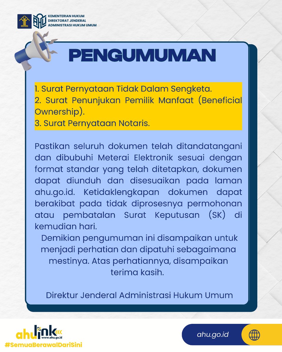 djahu_kemenkum's tweet photo. Halo #SahabatPengayoman
Pastikan seluruh dokumen pendukung Perubahan Anggaran Dasar di SABH sudah sesuai format standar dan dibubuhi Meterai Elektronik.
Yuk, baca dan teliti detail lengkapnya.
#KementerianHukim
#SemuaBerawalDariSini
#AhuLink
#NyamanBersama https://t.co/XPgFo2E9Zi
