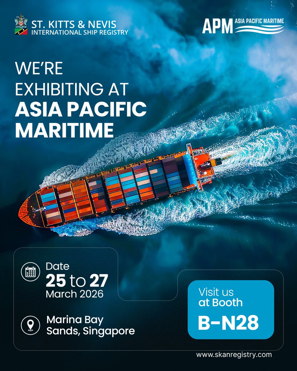 Setting sail for Singapore! 🚢

We are thrilled to announce that the St Kitts and Nevis International Ship Registry #SKANReg will be exhibiting at Asia Pacific Maritime (APM) 2026.

📍 Where: Marina Bay Sands, Singapore 🗓️ When: 25 – 27 March 2026 🔢 Booth: B-N28

#APM2026