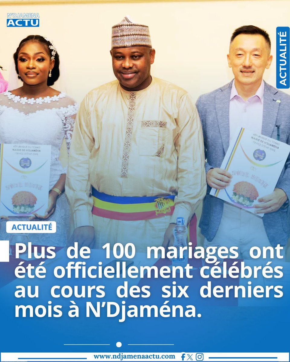 " Plus de 100 mariages ont été officiellement célébrés au cours des six derniers mois à N’Djaména, avec une cadence pouvant atteindre 12 célébrations par semaine en période de fin d'année ", Maire de la ville de N’Djamena, Senoussi Hassana Abdoulaye. #Tchad