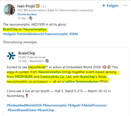 MIAM_Schwan's tweet photo. Neuromorphyx's NeuroNode edge AI system brings together event-based sensing from Prophesee and Century Arks Cop. with BrainChip's Akida neuromorphic co-processor - all on a Lattice Semiconductor FPGA.
#BRN @BrainChip_inc #embeddedWorld26 https://t.co/JRQzTLJrAG