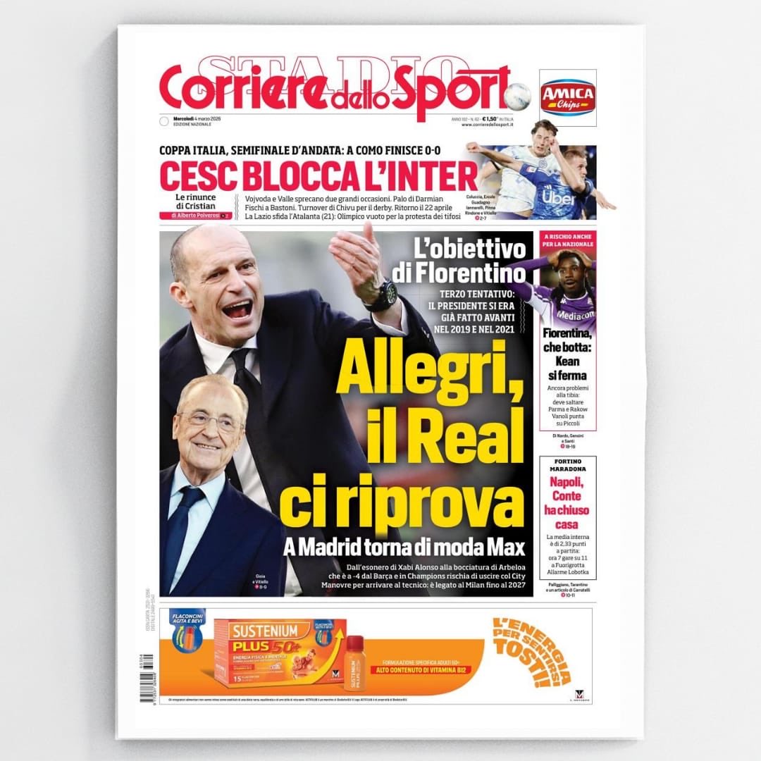 Cesc blocca l'Inter 🛑 Allegri, il Real ci riprova 🤯 Fiorentina, che botta: Kean si ferma ⚠️ La prima pagina di mercoledì 4 marzo 🗞️ #CorrieredelloSport