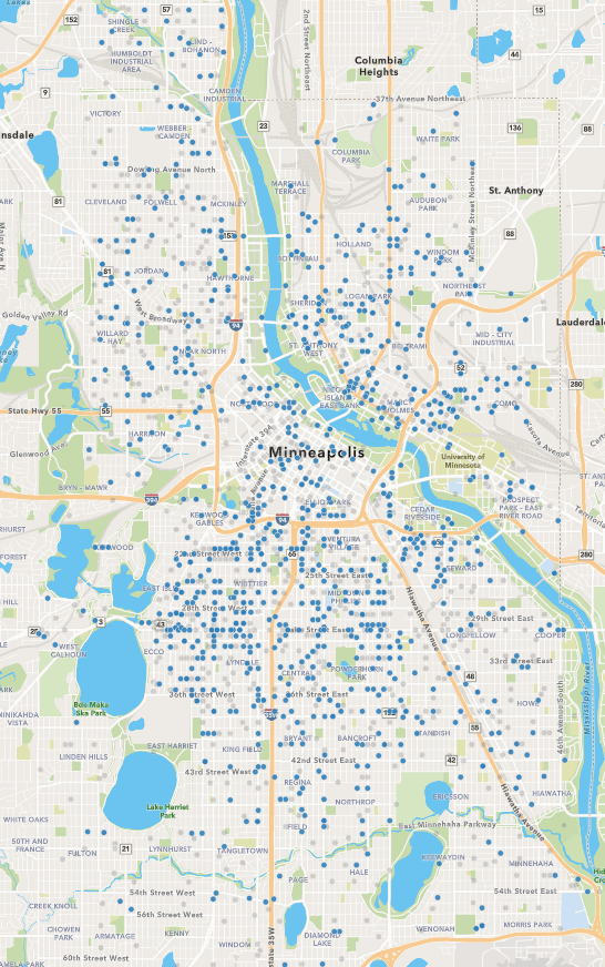 CrimeWatchMpls's tweet photo. 2/
Blue dots are the 1054 Minneapolis auto thefts for Jan and Feb 2026, an increase of nearly 35% over the same period last year, which had 785 at the end of Feb 2025. https://t.co/hbOEoSQfta