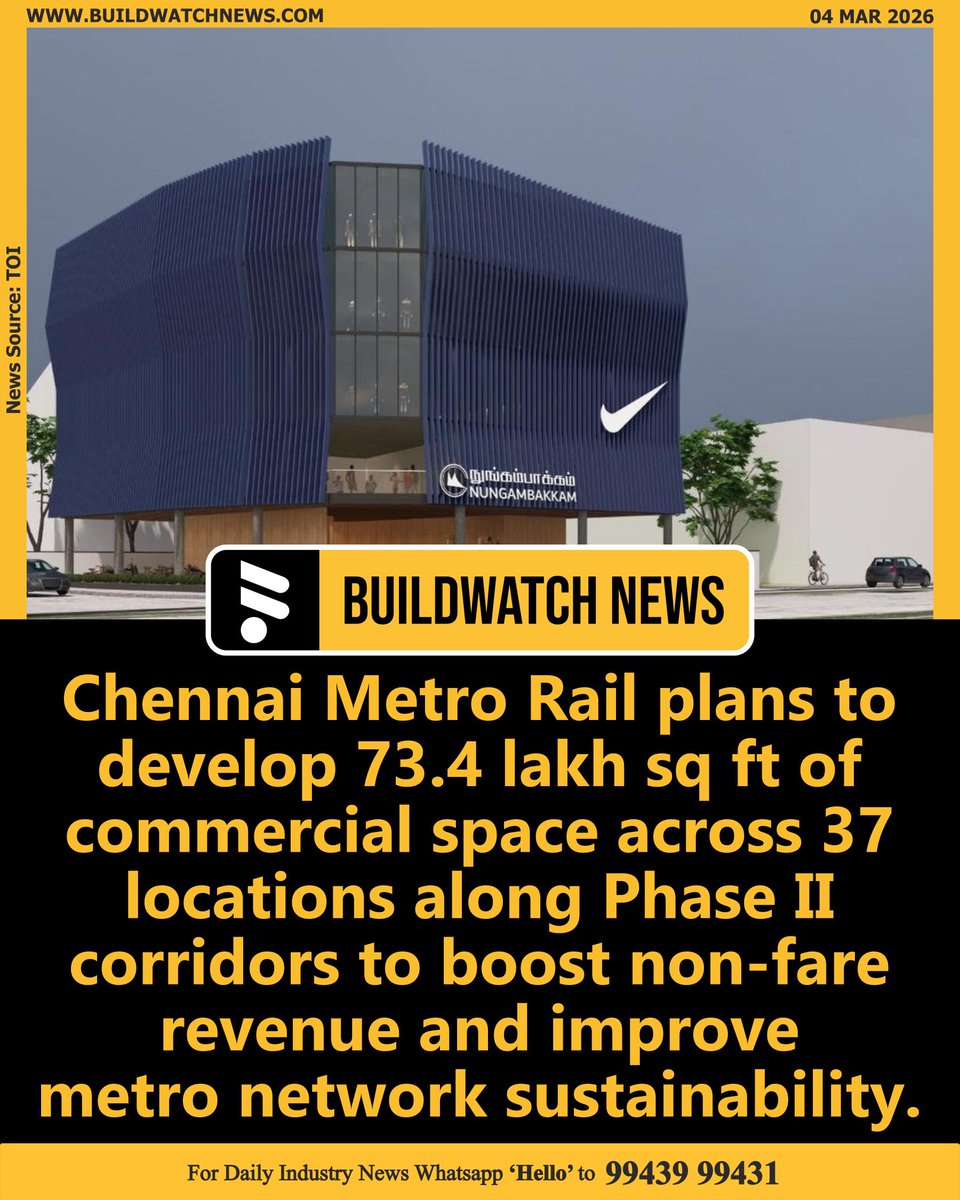 BuildWatchNEWS's tweet image. CMRL Plans 73.4 Lakh Sq Ft Commercial Development Along Phase II

🔗Read more: buildwatchnews.com/chennai-metro-…

#UrbanMobility #RealEstateGrowth #InfrastructurePush