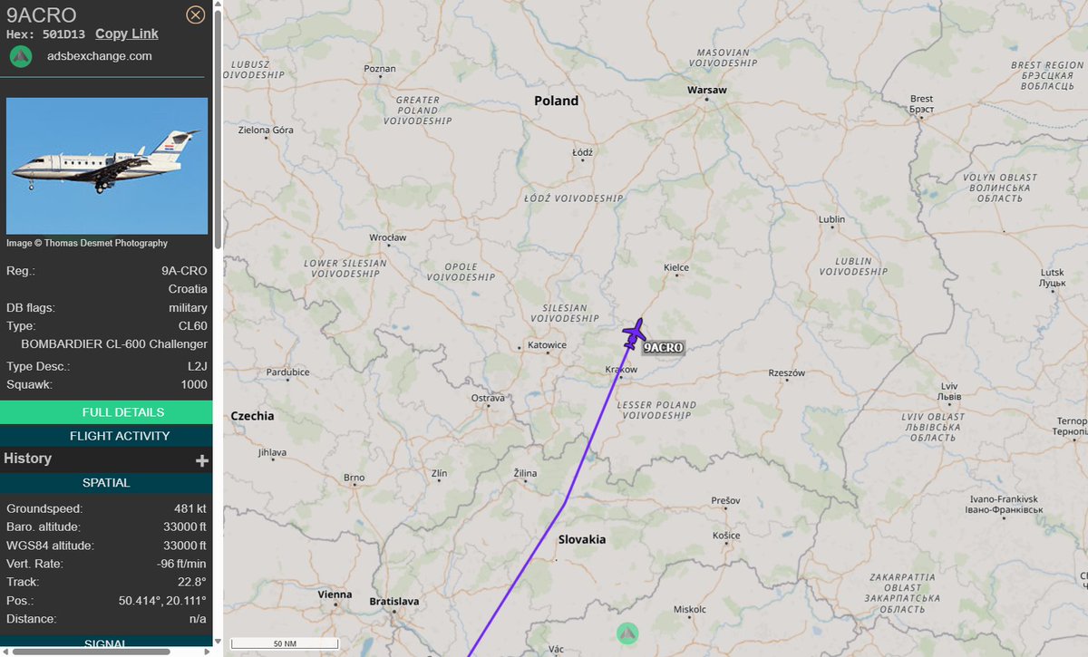 PolishMilRadar's tweet photo. 📅04.03 🕒 08:37LT - 🇭🇷✈️ "Rządowy" Bombardier Challenger do Warszawy 🇵🇱
🇭🇷 Rząd Chorwacji
✈️ Bombardier Challenger 604 "9A-CRO"
🛫 Zagrzeb #LDZA 🇭🇷
🛬 Warszawa #EPWA 🇵🇱
#9ACRO leci na FL330
🔗 https://t.co/v8t06a1YKN
#POLMILRADAR https://t.co/6cas9UKCb8