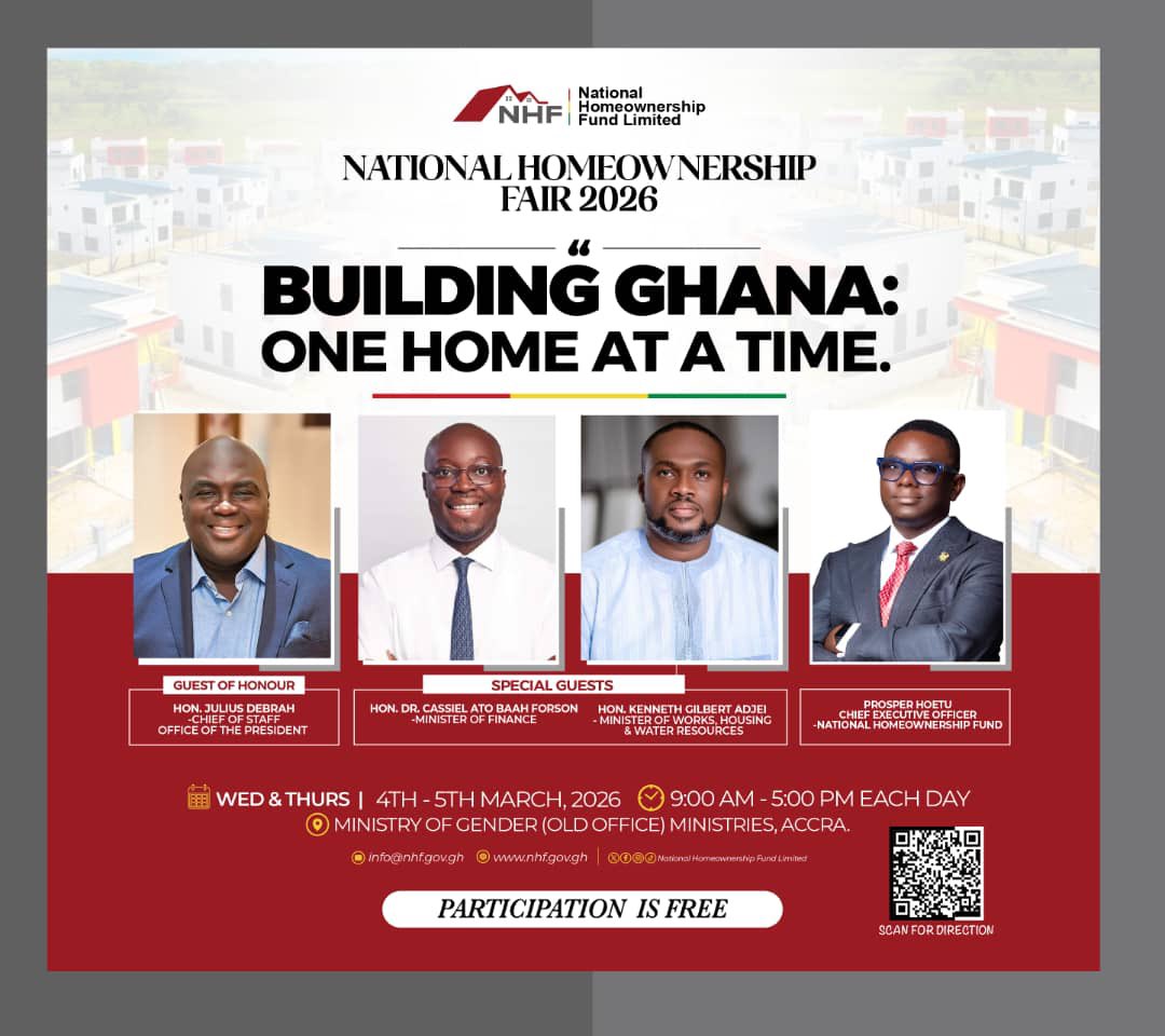 🏠🇬🇭 The future of housing is here!

Join us at the National Homeownership Fair 2026 under the theme “Building Ghana: One Home at a Time.”

Meet key stakeholders, explore affordable housing opportunities, and discover practical pathways to owning your dream home.

📅 4th–5th