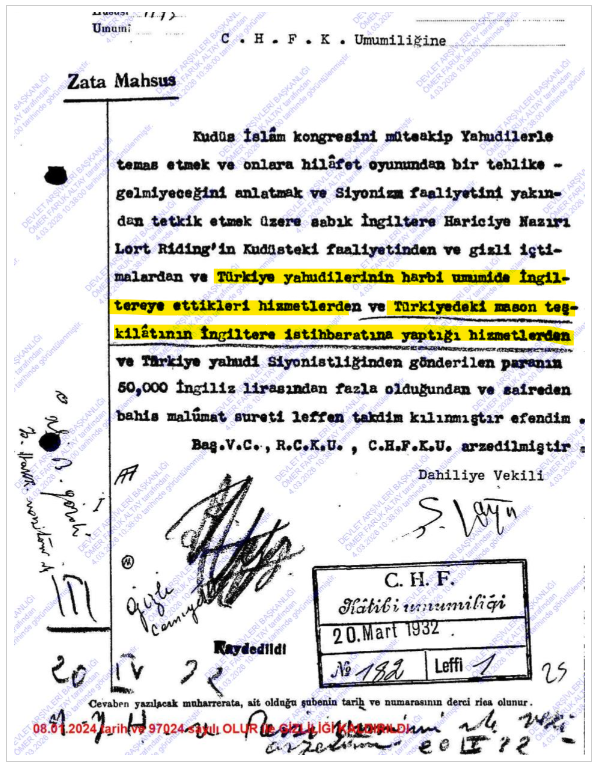 İngiliz İstihbaratının Taşeronu Türkiye Yahudiliği ve Masonluğu (1914-1918)

📅20 Mart 1932
✍️Dahiliye Vekili Şükrü Kaya, CHF Katib-i Umumisi Recep Peker'e ilaveli muhtıra gönderdi:

Kudüs İslâm kongresini müteakip Yahudilerle temas etmek ve onlara hilâfet oyunundan bir tehlike