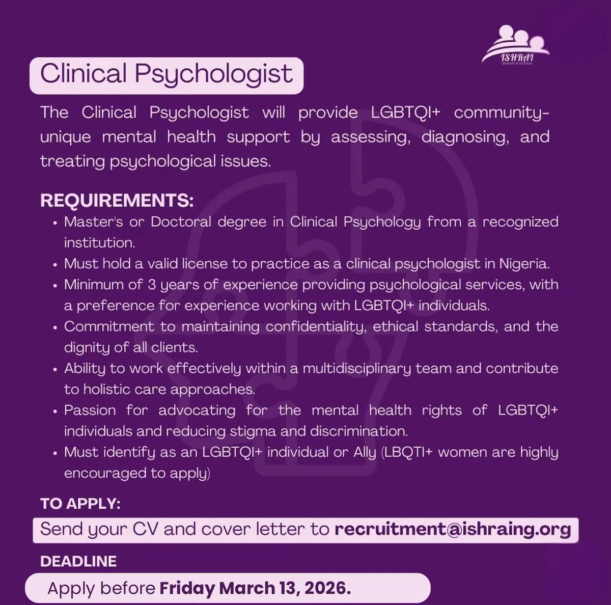 ishrai_ng's tweet photo. We’re Hiring!

Are you a skilled Clinical Psychologist passionate about mental health and creating safe spaces? Join our team at ISHRAI and help empower LGBTQIA+ individuals by offering compassionate care and support.

Position: Clinical Psychologist
Location: Lagos, Nigeria https://t.co/FzmrDYeNMP
