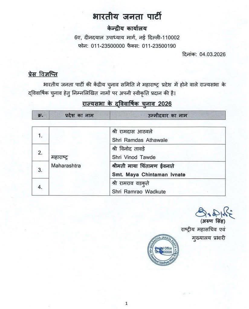 ankushchina's tweet photo. राज्यसभा निवडणुकीकरिता भारतीय जनता पार्टीच्या केंद्रीय निवडणूक समितीच्या वतीने महाराष्ट्रातून खालील नावांचा समावेश आहे. 
सर्वांचे मनःपूर्वक अभिनंदन आणि शुभेच्छा!💐🌷🌷🌷
#VinodTawde 
#RamdasAthawale 
#MayataiIvnate 
#RamraoVadkute 
#BJP #Maharashtra https://t.co/UMHKTMHB4a