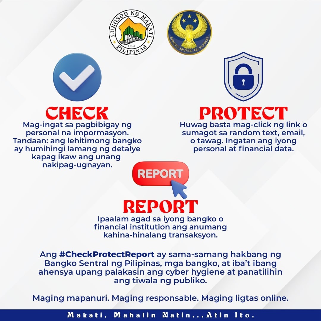 My_Makati's tweet photo. Isinusulong ni Mayora Ate Nancy Binay ang #CheckProtectReport (CPR) upang matiyak na ang bawat residente ay may sapat na kaalaman kung paano umiwas sa panloloko at maprotektahan ang kanilang pinaghirapang kita.
Makiisa at maging bahagi ng solusyon. https://t.co/X0cI3YHOpA