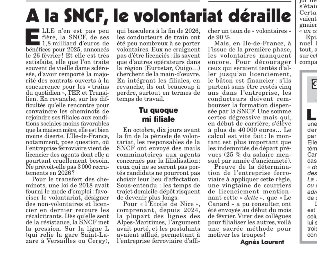 📍La SNCF licencie les cheminots qui refusent leur transfert dans la filiale SVCO ( ligne L)
📍Alors que tous les jours des trains sont supprimés par manque de conducteurs, l ouverture a la concurrence se paie le luxe d en licencier.
