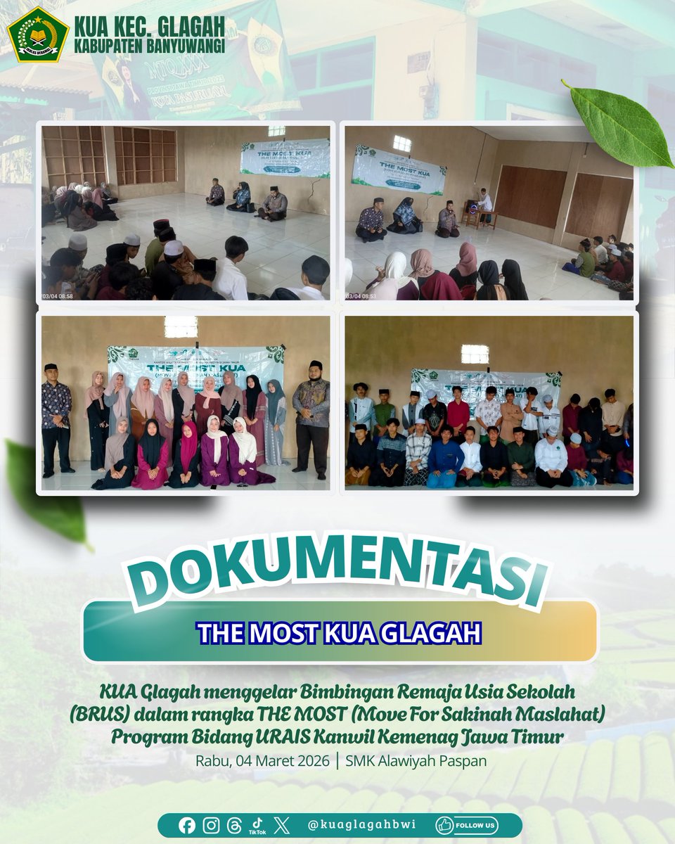 kuaglagah's tweet photo. THE MOST “Joyful Ramadhan Mubarak” Hadir di MTs SA dan SMK Alawiyah Paspan!
KUA Glagah sukses melaksanakan kegiatan Bimbingan Remaja Usia Sekolah (BRUS) dalam program THE MOST (Move For Sakinah Maslahat) pada Senin &amp; Rabu, 02 &amp; 04 Maret 2026 di MTs SA &amp; SMK Alawiyah Desa Paspan. https://t.co/jLF21ze3Ch