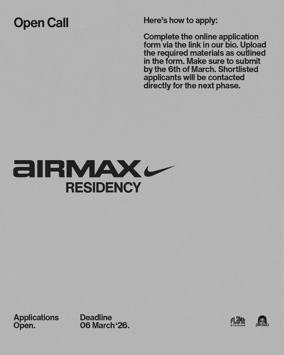 An exploration of Air. Rooted in Music, Art and Fashion. For those who follow their own beat, exploring
Air as culture. 

I’m honoured to be part of the Nike Air Max Residency as a mentor, Apply to be part of the Airmax Residency via the link. 

docs.google.com/forms/d/e/1FAI…