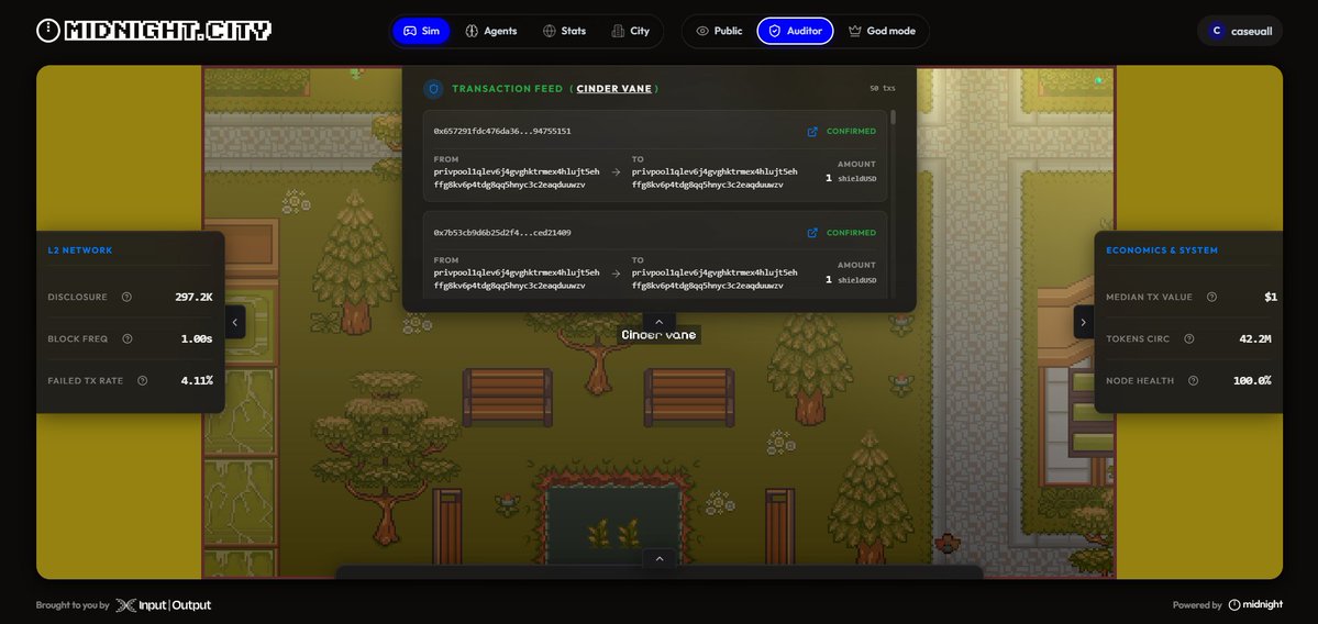 My favorite feature in Midnight City is the privacy mode system. When using Public Mode, all data appears private to others. However, with Auditor Mode or God Mode, you can access detailed information transparently. This perfectly reflects the true function of privacy selective