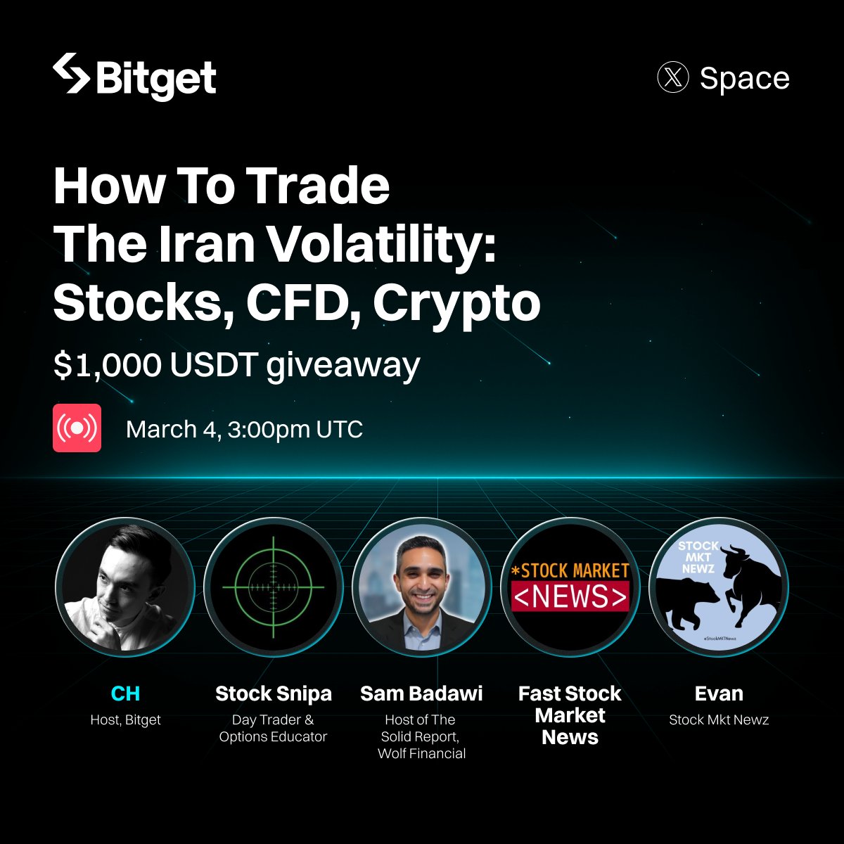 Join our 𝕏 Space TODAY to master trading the Iran volatility, featuring <a href="/stocksnipa/">Stock Snipa</a>, @sam_badawi, <a href="/faststocknewss/">FSMN</a>, @stockmktnewz.

🎁 $1000 Giveaway (20 winners x 50 USDT) 
✅ Follow + RT 
✅ Tune in: x.com/i/spaces/1nGnR…
✅ Reply with a screenshot of you in the Space
