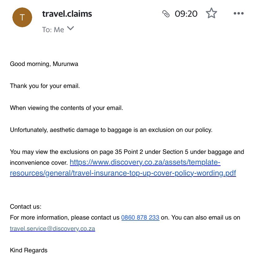 murunwa's tweet photo. @Discovery_SA Please explain what this response means? I submitted a claim for that damaged luggage. @wendyknowler https://t.co/n3BiBFzm88