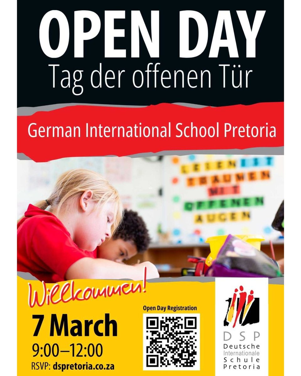 GermanyinSA's tweet image. 🇩🇪📚Open Days at German International Schools in Gauteng.

📍#DSP | Pretoria
📅 7 Mar | ⏰ 09:00-12:00

📍 @DSJ_School | Johannesburg
👧 Kindergarten: 6 Mar | 09:00-12:00
🎓 Annual Open Day: 7 Mar | 09:00-14:00

Discover German international education for your child. 🇿🇦🤝🇩🇪