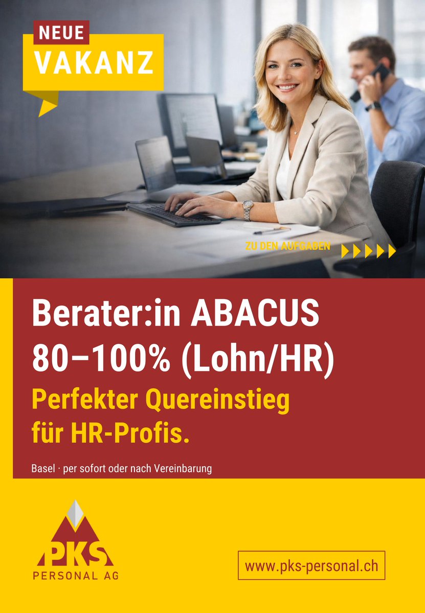 👉 pks-personal.ch/stellen/berate…
Berater:in ABACUS 80–100% (Lohn/HR) | Region Basel. Sie bringen Payroll-/HR-Praxis mit und wollen Prozesse digitalisieren?
Dann begleiten Sie Kund:innen bei Abacus HR/Lohn: Anforderungen aufnehmen, parametrisieren, schulen, Support leisten und Projekte