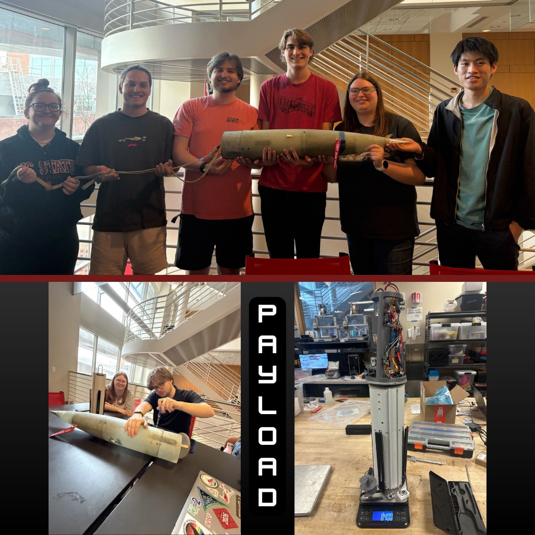 NCSURocketry's tweet photo. 2/15–2/21: 
Focused on launch prep. Bulkhead + ejection testing complete, GrAVE &amp; Zombie systems verified, full-scale airbrake CAD assembled, fin weight testing done. Wolfworks: mini cat claws retested, DMS motor fins made, and bulkheads drilled!
#ncspacegrant #nasastudentlaunch https://t.co/3qguX2ELr7
